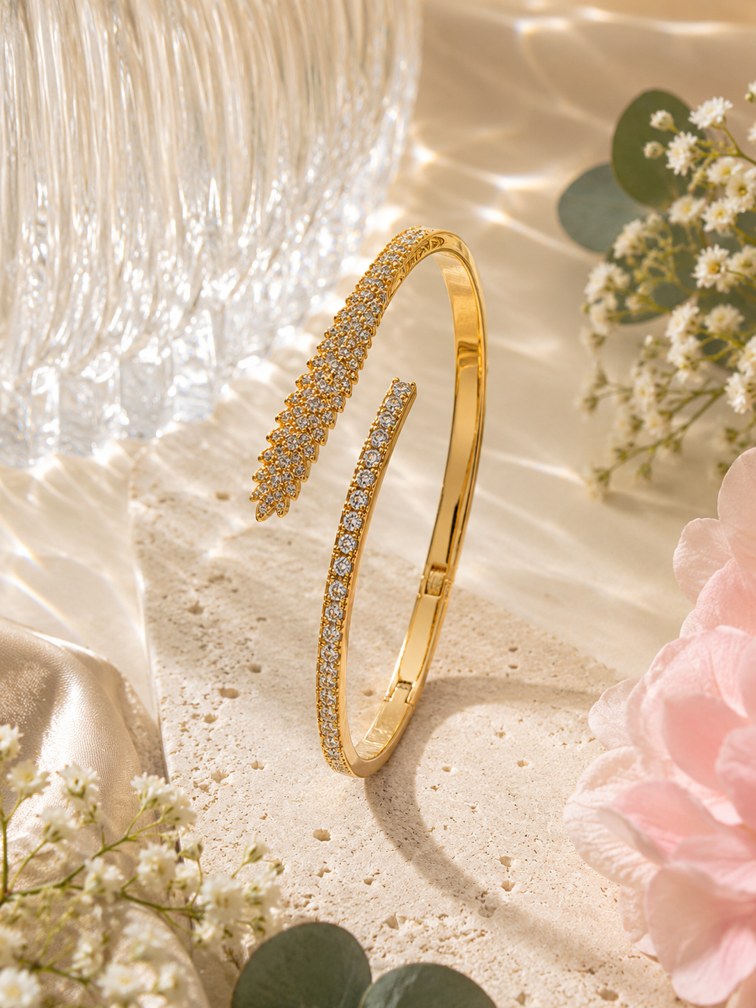 Golden Pavé Leaf Cuff on Stone